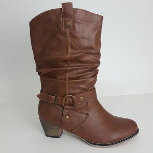 Western Style Mid-Calf Cowboy Boots Brown 11